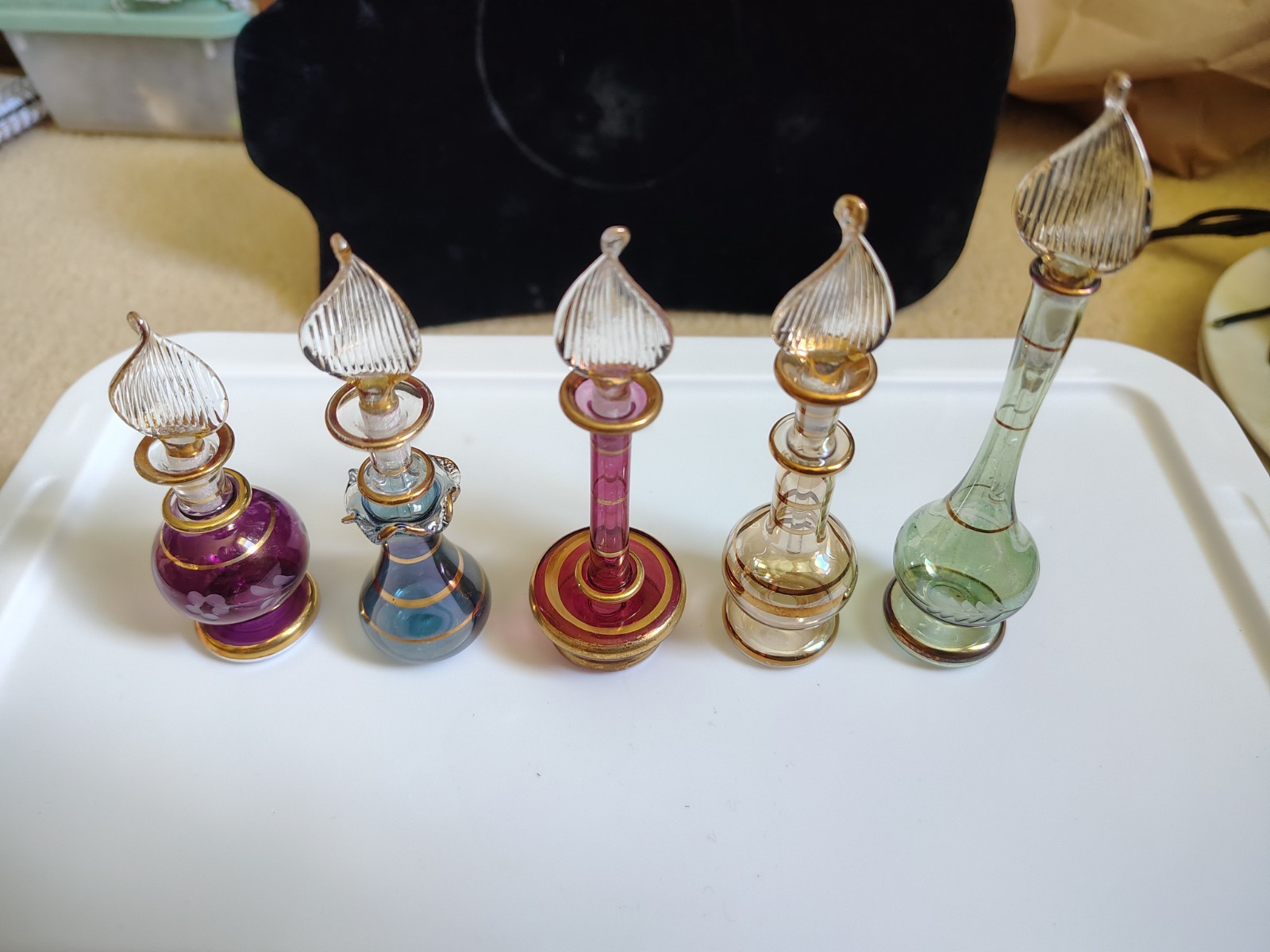 VTG 5 Pc. Egyptian Premium Blown Perfume Glass Variety (4'-4.5'-5')PurpleBluPink