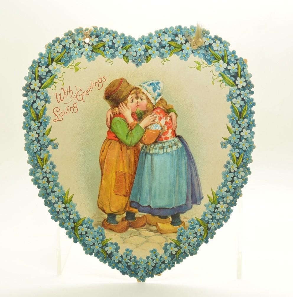 Victorian Raphael Tuck Die Cut Valentine Card  Boy And Girl Kissing Blue Flowers