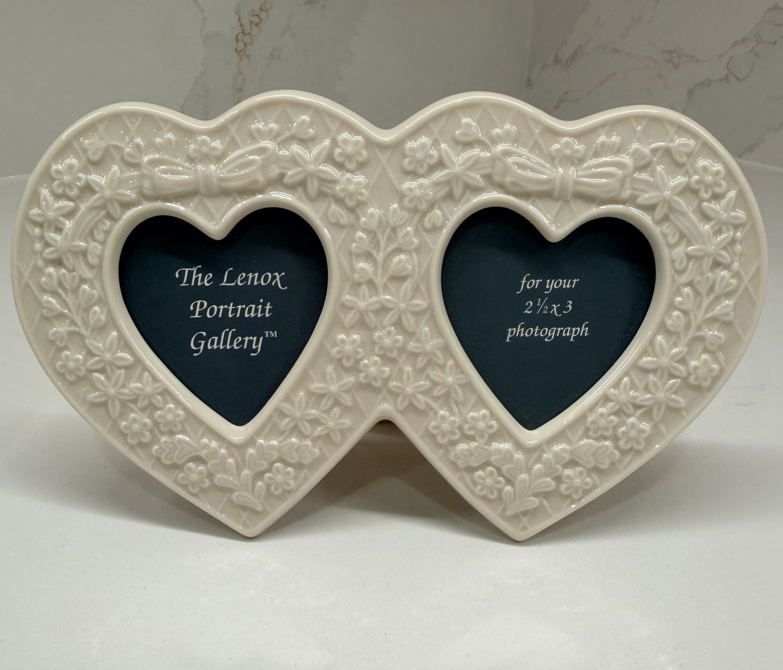 Lenox Double Heart Picture Frame 7” Ivory Porcelain 2.5x3 Photo