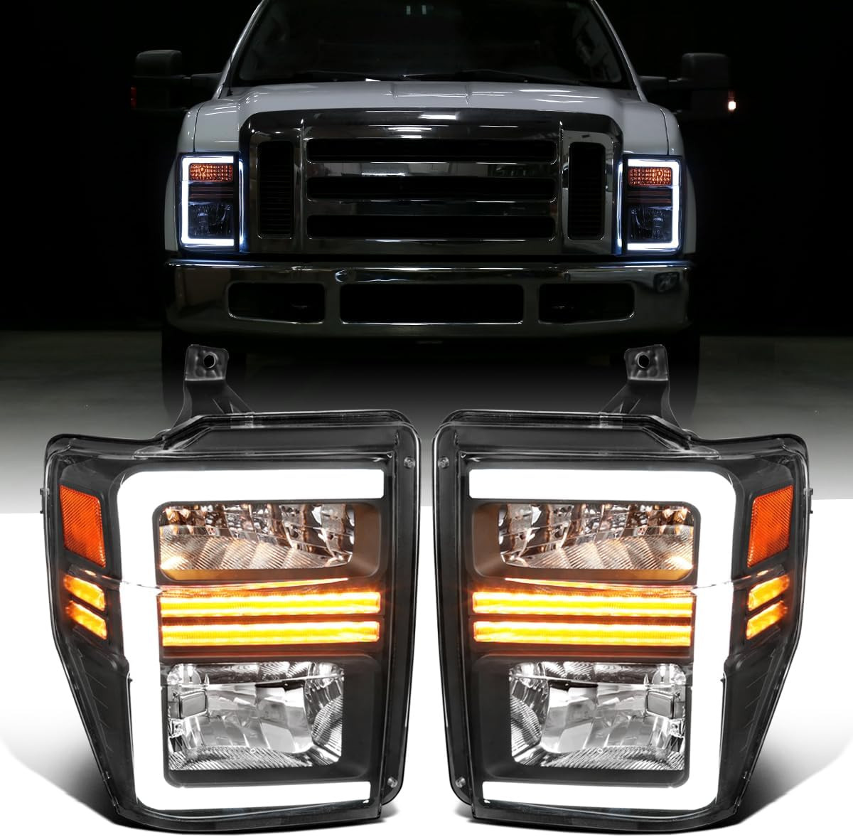 - Fits 2008-2010 Ford Super Duty Headlights Pair | Black