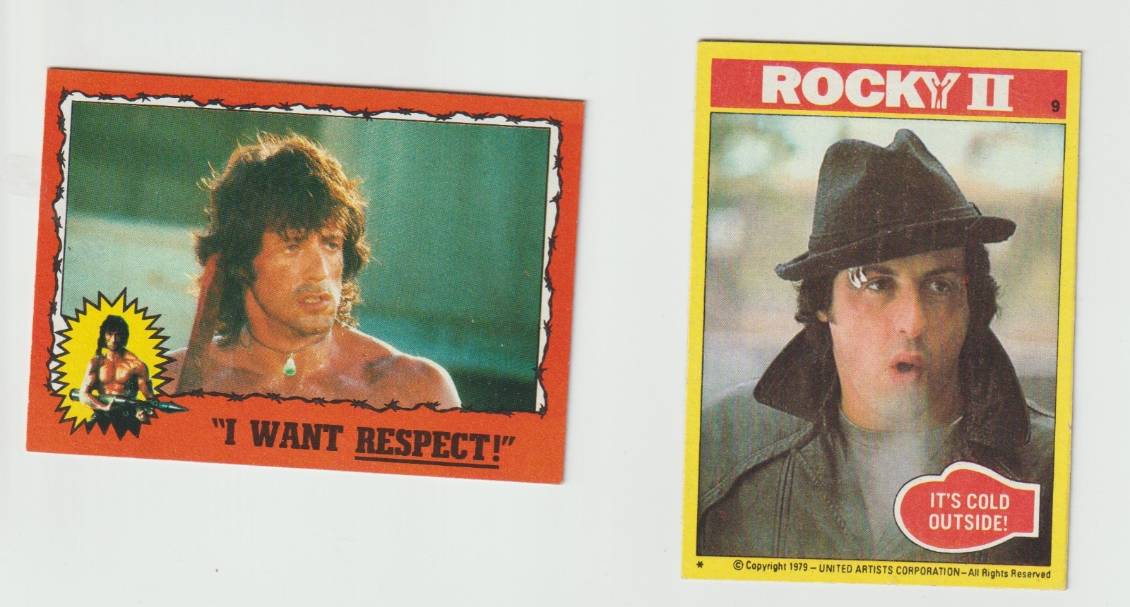 2 Different Sylvester Stallone Topps Cards Rocky II and Rambo EX 2 Different Sylvester Stallone Topps Cards Rocky II and Rambo EX