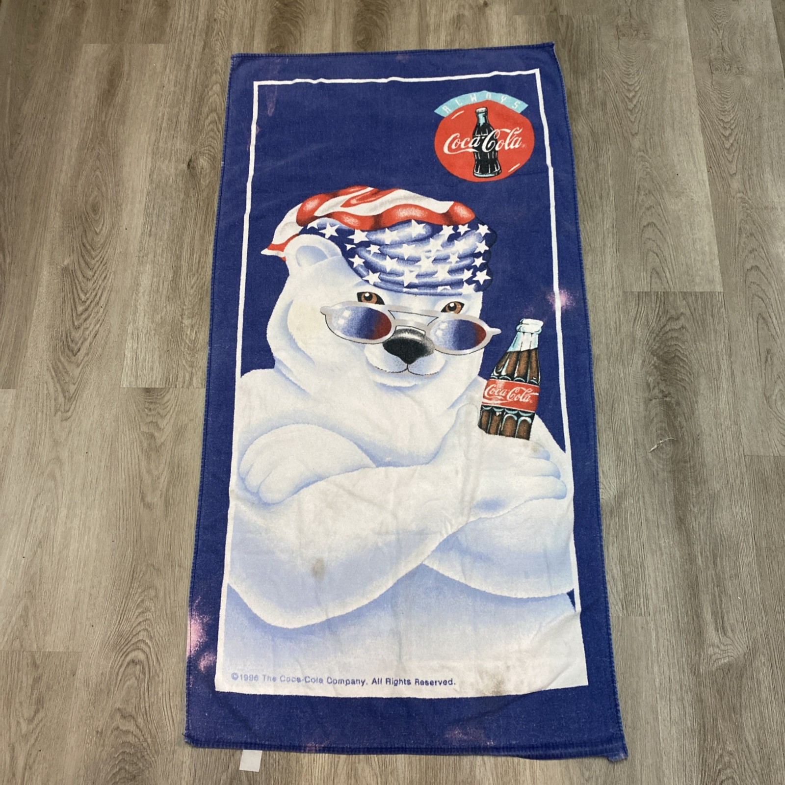 Vintage 1996 Coca Cola Beach Towel- Polar Bear W/ American Flag Headwear 52X26 Vintage 1996 Coca Cola Beach Towel- Polar Bear W/ American Flag Headwear 52X26