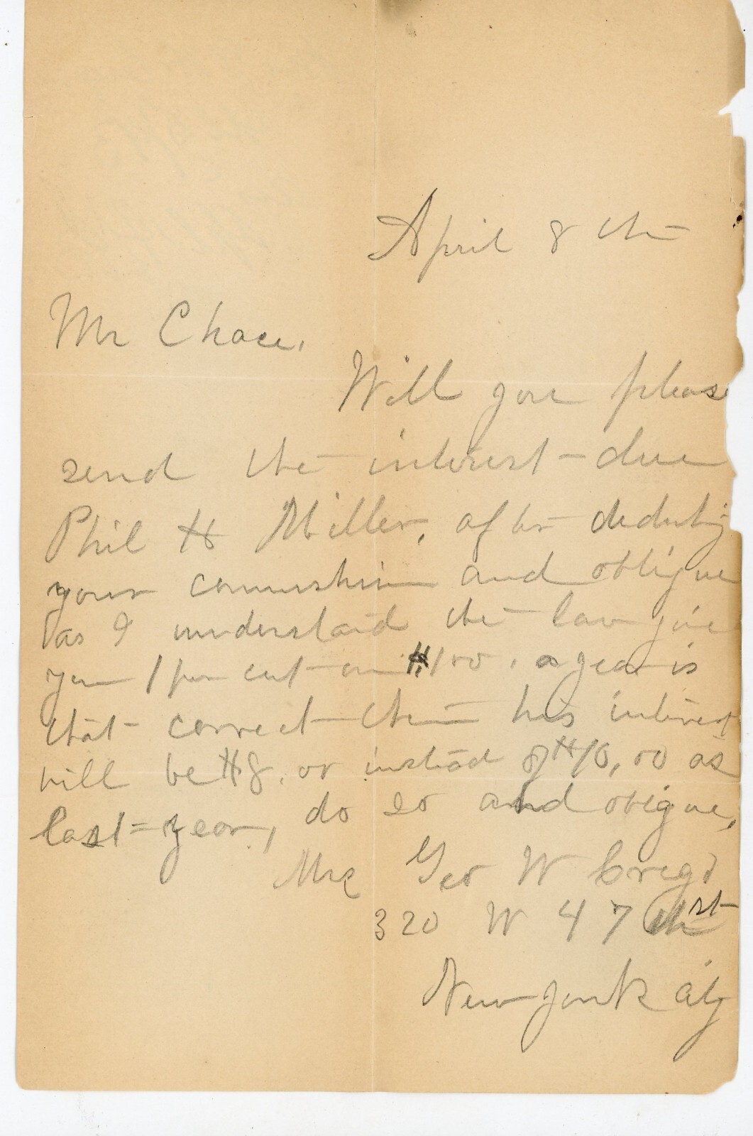 1893 Handwritten Letter NYC Mrs. Geo W. Borgo to Mr. Chase Re: Interest Payment 1893 Handwritten Letter NYC Mrs. Geo W. Borgo to Mr. Chase Re: Interest Payment