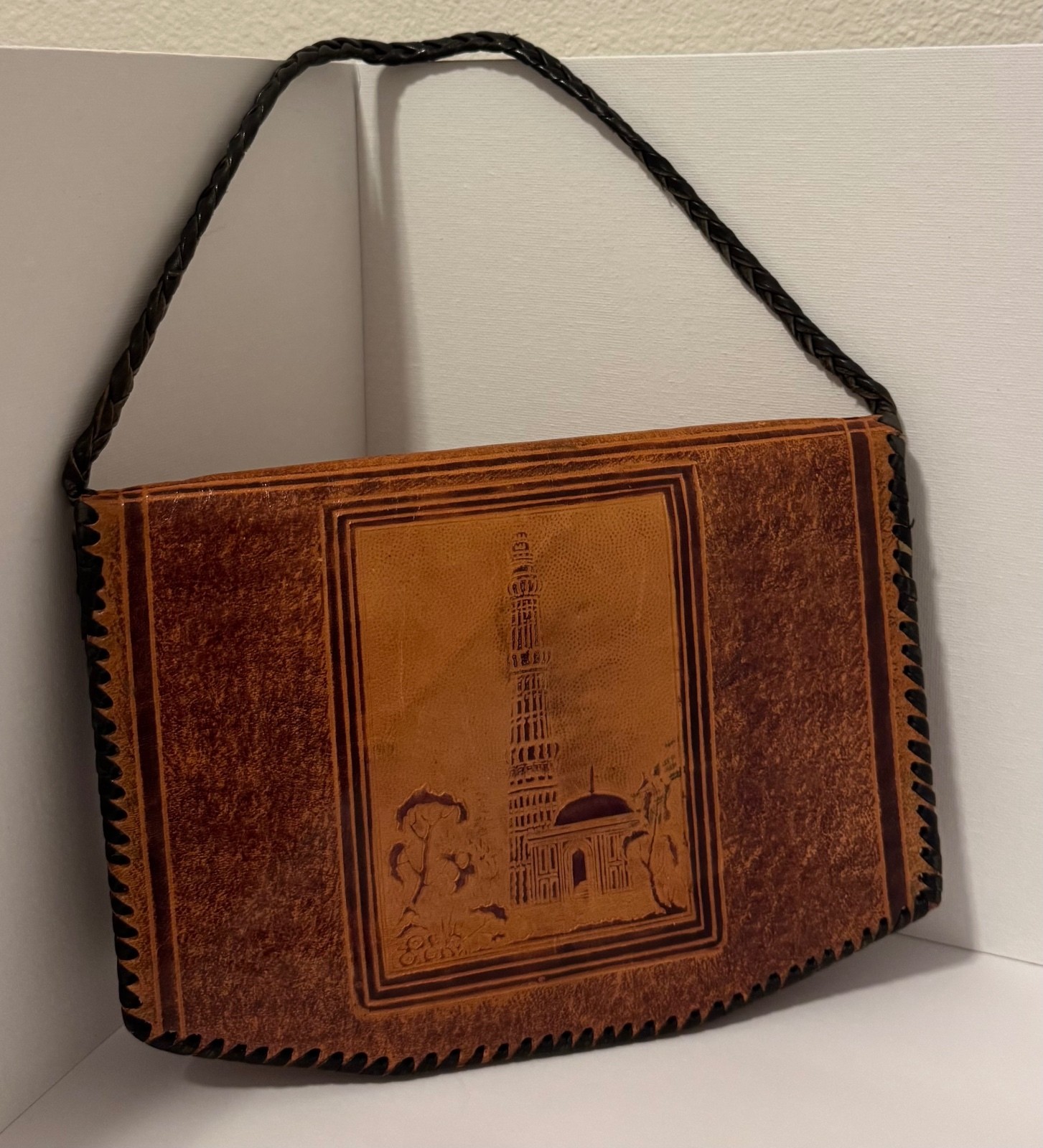 Vtg 60s Tooled Leather Taj Mahal Purse Boho Emboss Handbag India 2Pocket ID slot