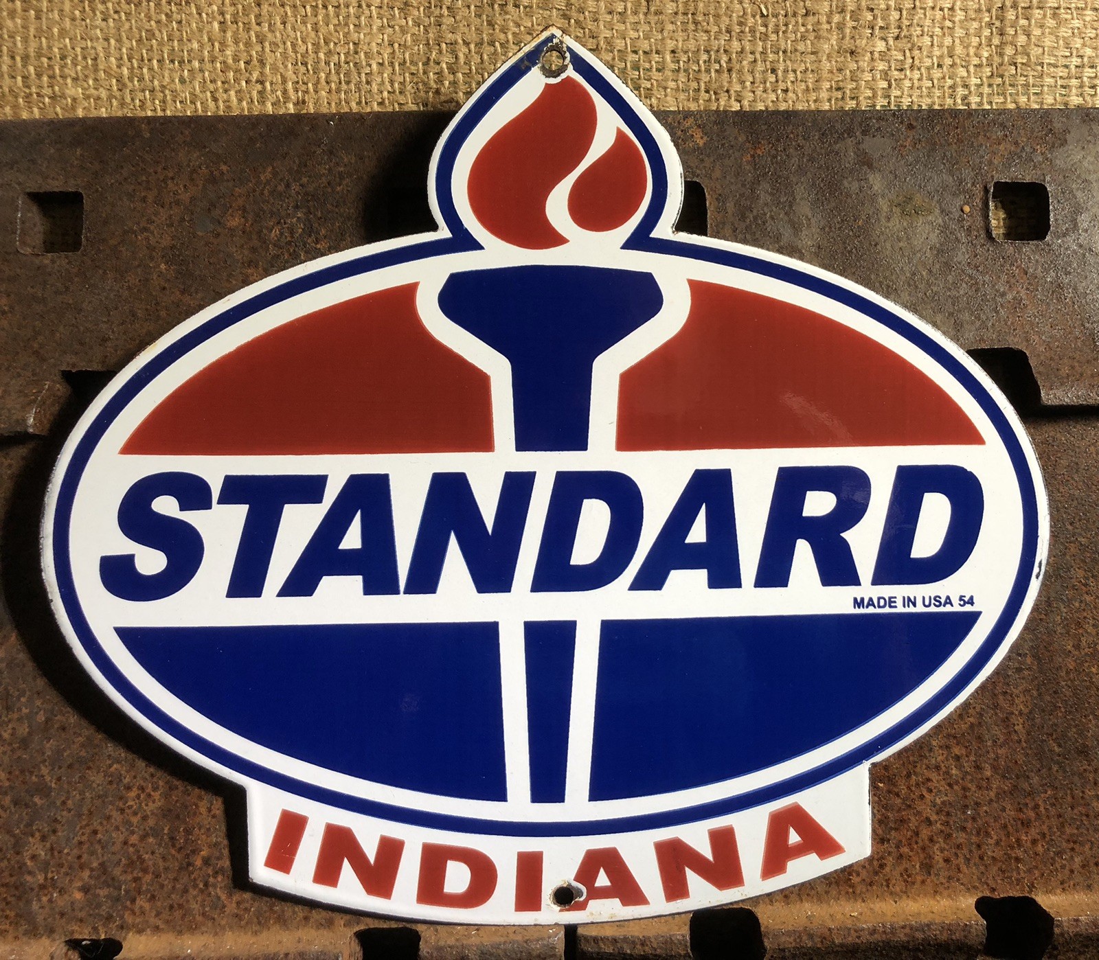 VINTAGE 1954 DATED STANDARD INDIANA GASOLINE 12” PORCELAIN GAS OIL SIGN TORCH VINTAGE 1954 DATED STANDARD INDIANA GASOLINE 12” PORCELAIN GAS OIL SIGN TORCH