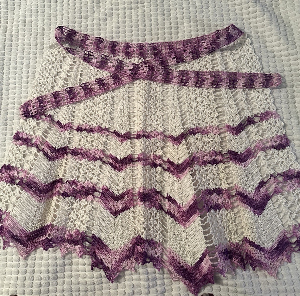Vintage Hand Crafted 1/2 Apron NOS Crocheted Lace Purple Pink White Farmhouse Vintage Hand Crafted 1/2 Apron NOS Crocheted Lace Purple Pink White Farmhouse