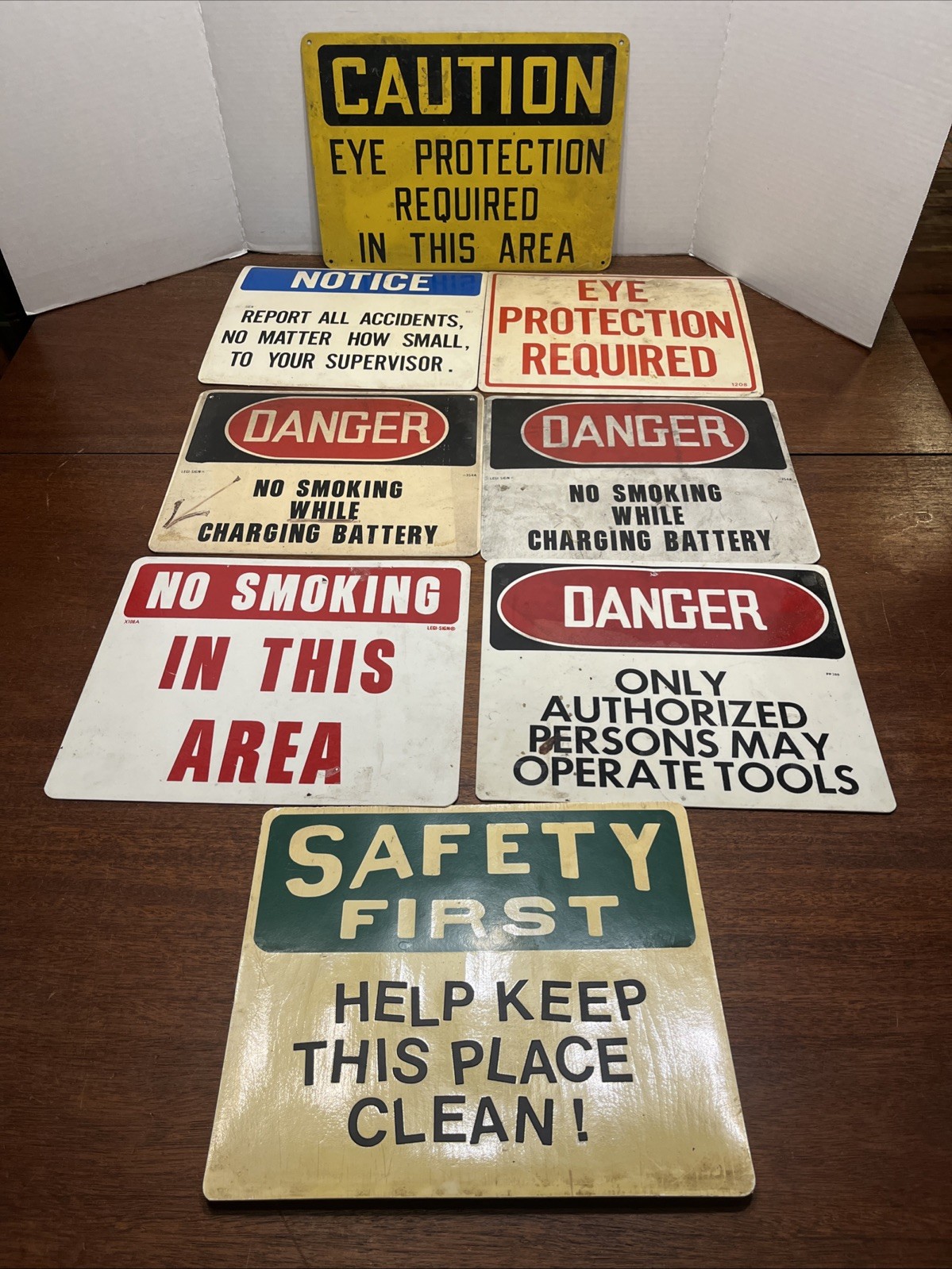 Vintage industrial Safety Warning Caution Danger signs lot of 8, one metal Vintage industrial Safety Warning Caution Danger signs lot of 8, one metal