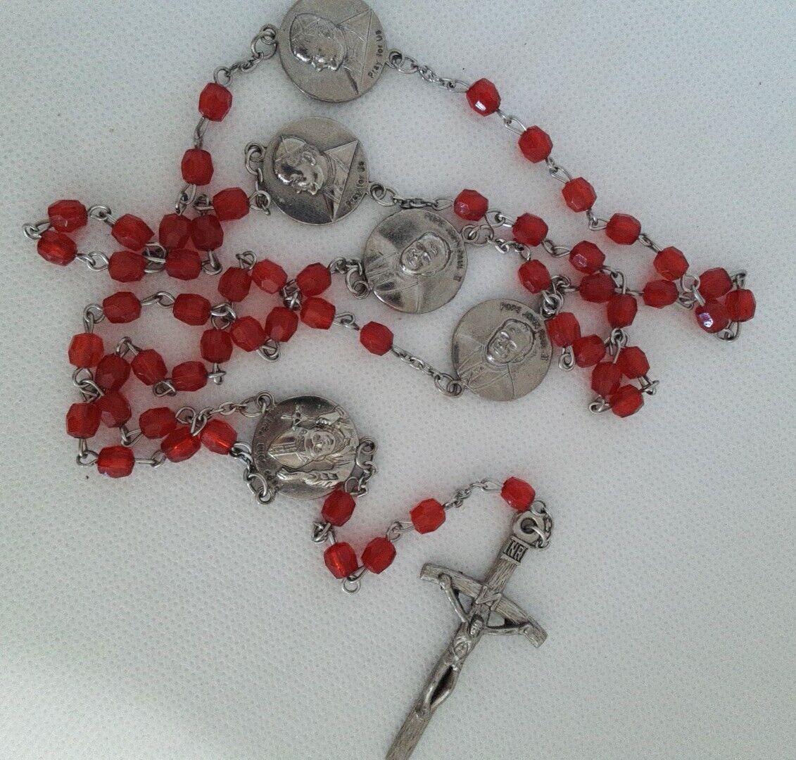Pope John Paul 11 Rosary .INRI Silver Toned  with Red Acrylic Beads 20\