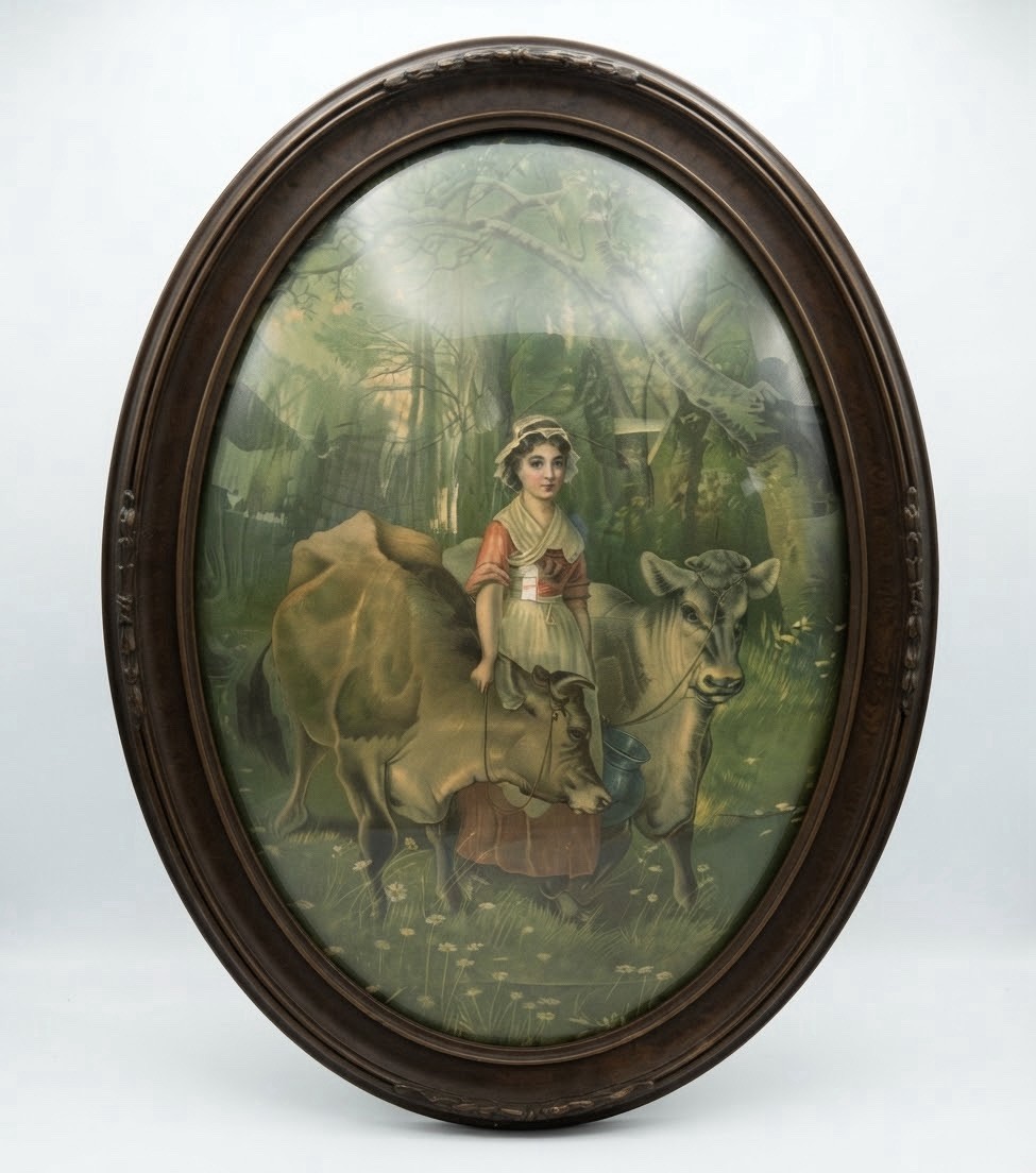 Vintage Edwin James Douglas -"THE JERSEYS" 1893-Milk Maid With Cows Convex Glass