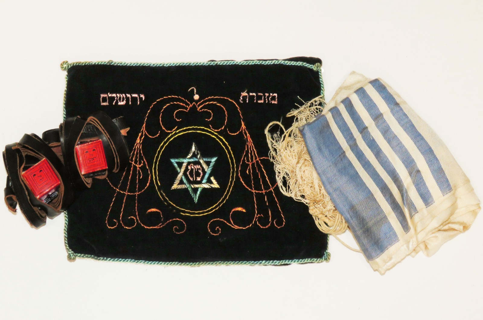 Antique Old Yishuv Ktanot Tefillin Set & Jerusalem Embroidered Bag Judaica Antique Old Yishuv Ktanot Tefillin Set & Jerusalem Embroidered Bag Judaica