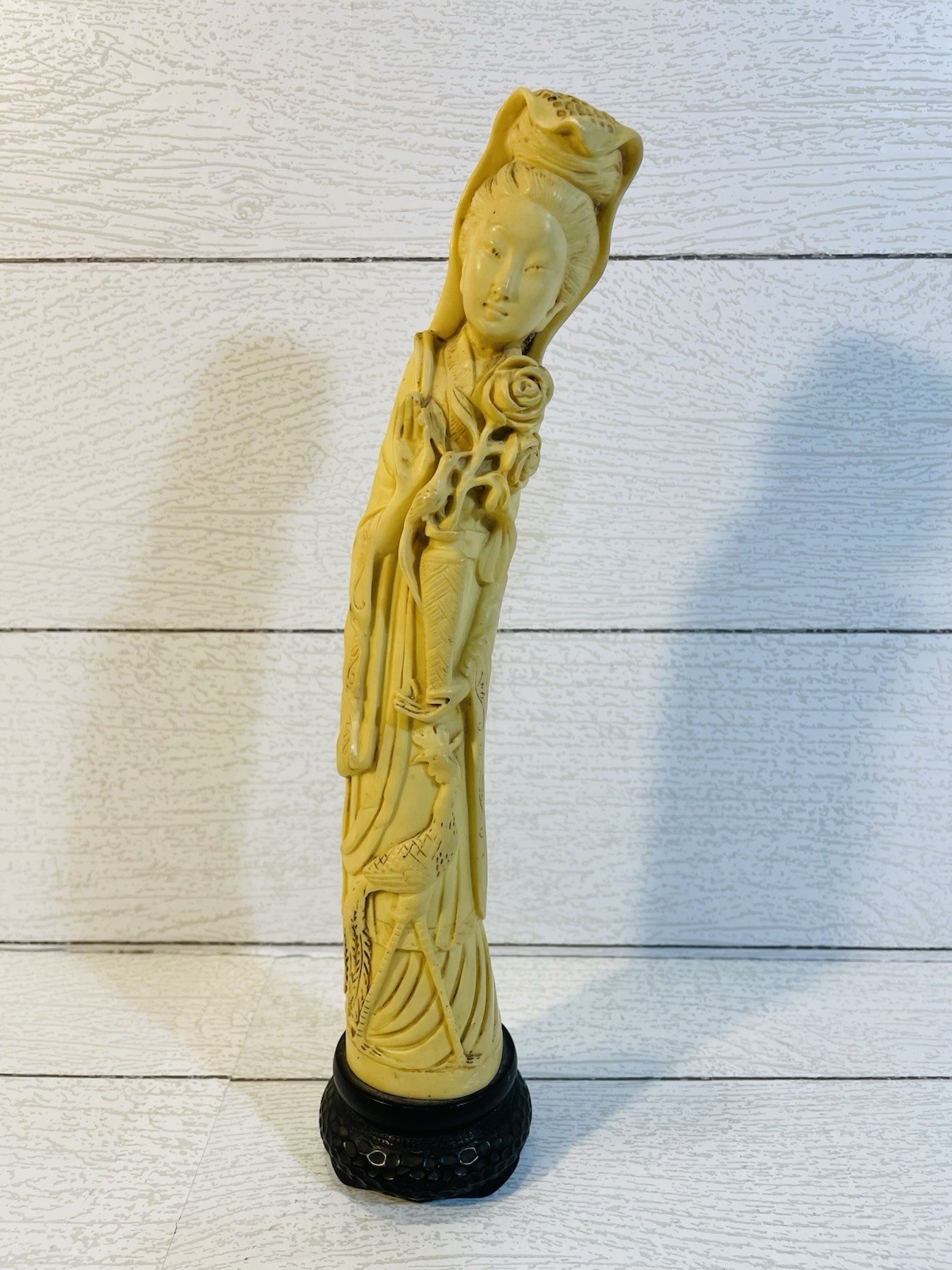 Vintage Italian Carved Resin Faux Ivory Chinese Guanyin 11” Tall Rose Peacock Vintage Italian Carved Resin Faux Ivory Chinese Guanyin 11” Tall Rose Peacock
