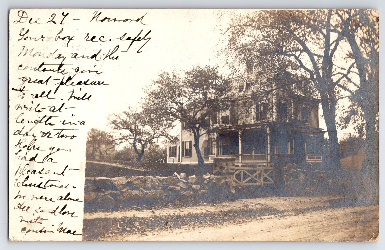 [51H15] Postcard 1904 RPPC, Residential Home, Norwood Mass