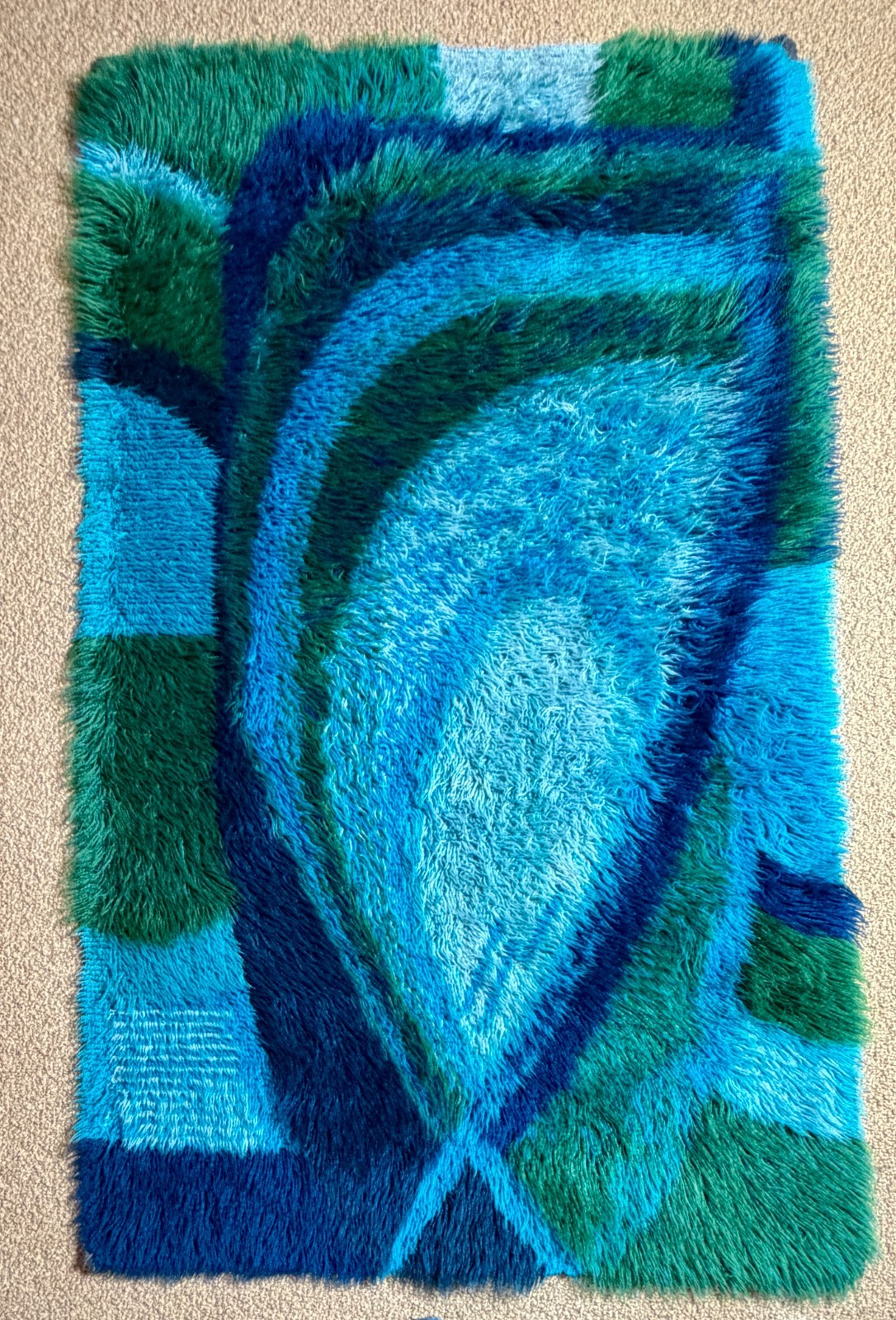 Vintage 1970s Scandinavian Rya Rug 3x5 Blue Green Wool Shag Mid Century Modern Vintage 1970s Scandinavian Rya Rug 3x5 Blue Green Wool Shag Mid Century Modern