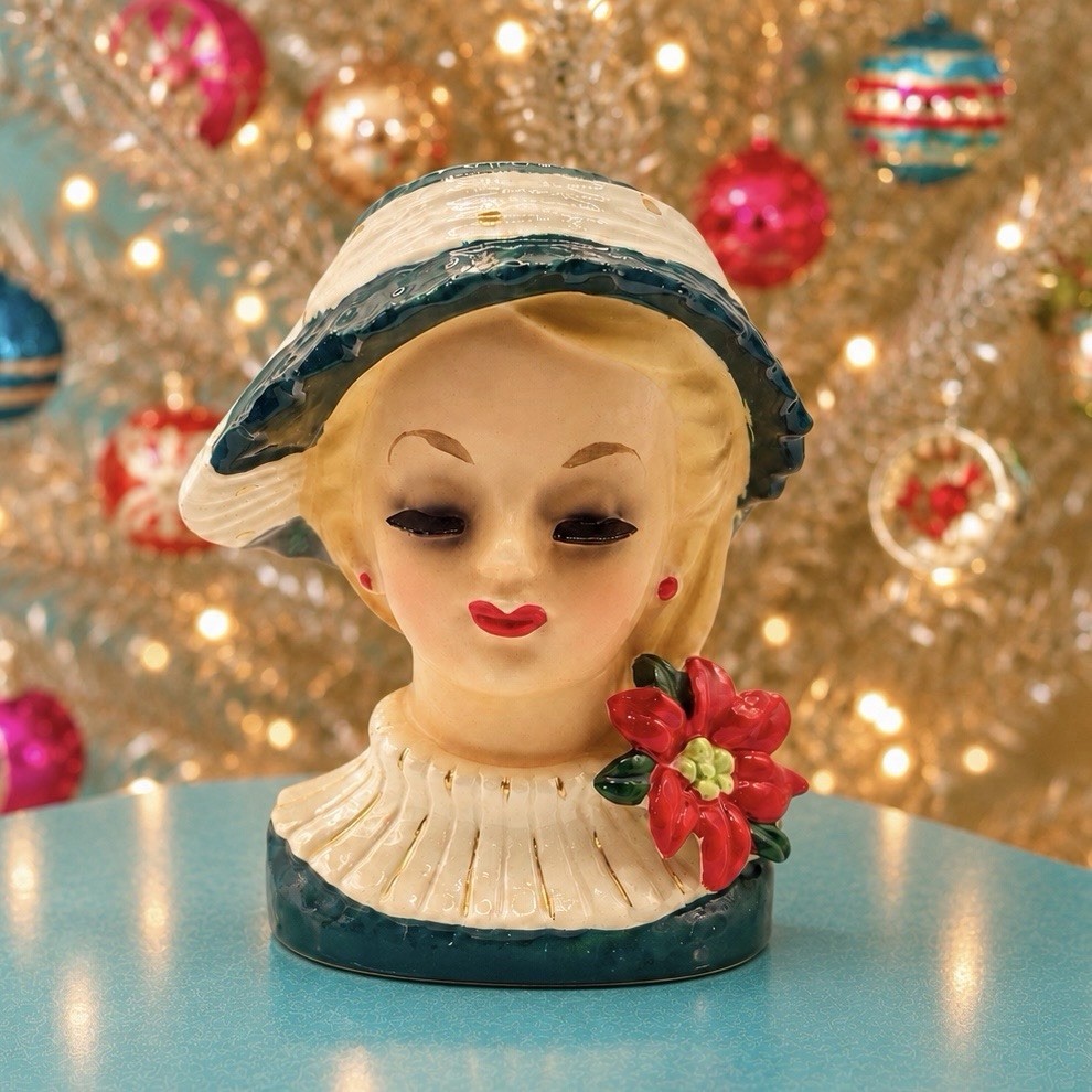 Vintage Napco Christmas Lady Head Vase Planter Poinsettia Japan MCM Retro