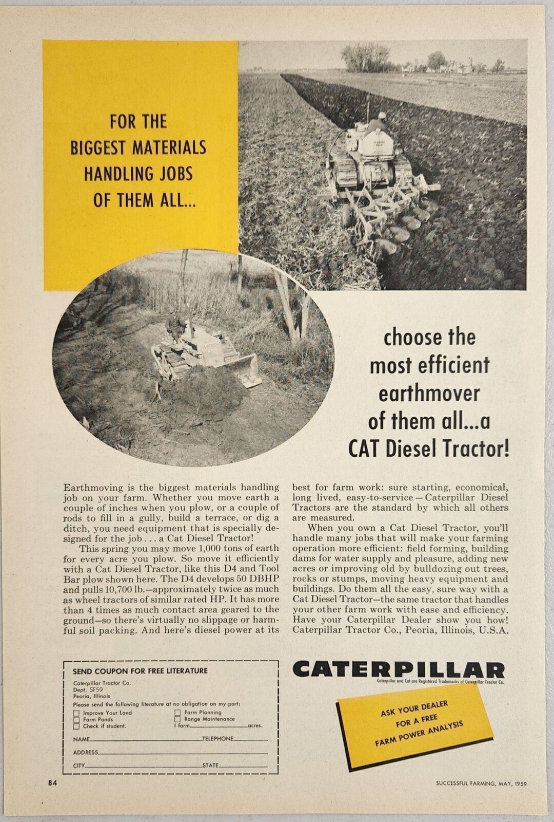1959 Print Ad Caterpillar CAT D4 Diesel Tractors & Tool Bar Plow Peoria,Illinois