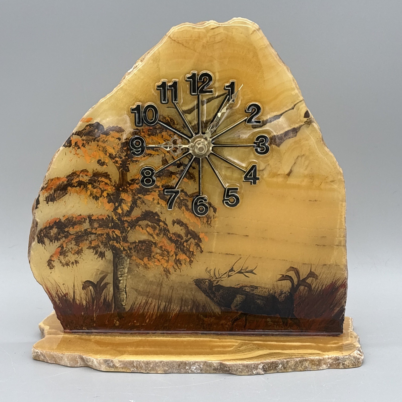 Vtg MCM Live Edge Onyx Stone Mantel Clock Hand Painted Elk Wildlife SKP Japan Vtg MCM Live Edge Onyx Stone Mantel Clock Hand Painted Elk Wildlife SKP Japan