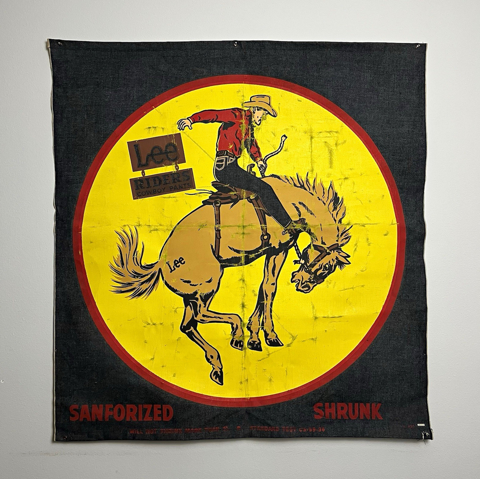 Vintage 1940s Lee Riders Cowboy Denim Advertising Banner Selvedge 38x40 Rare Vintage 1940s Lee Riders Cowboy Denim Advertising Banner Selvedge 38x40 Rare