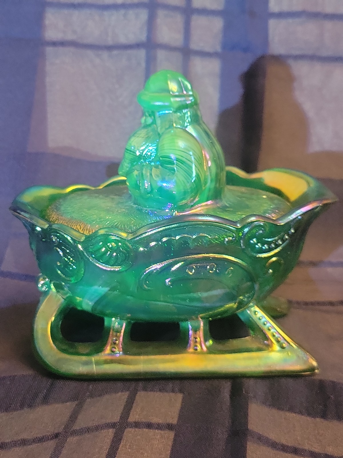 Rare Color Westmorand Iridescent Slag Green Carnival Glass Santa in a Sleigh Rare Color Westmorand Iridescent Slag Green Carnival Glass Santa in a Sleigh