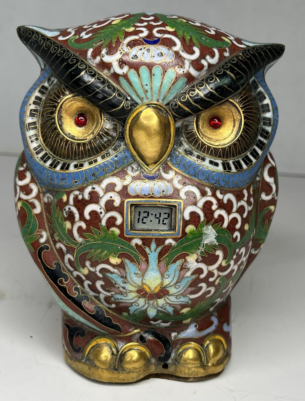 Vintage Chinese Brass Cloisonne Enamel Digital Battery Powered Owl Desk Clock