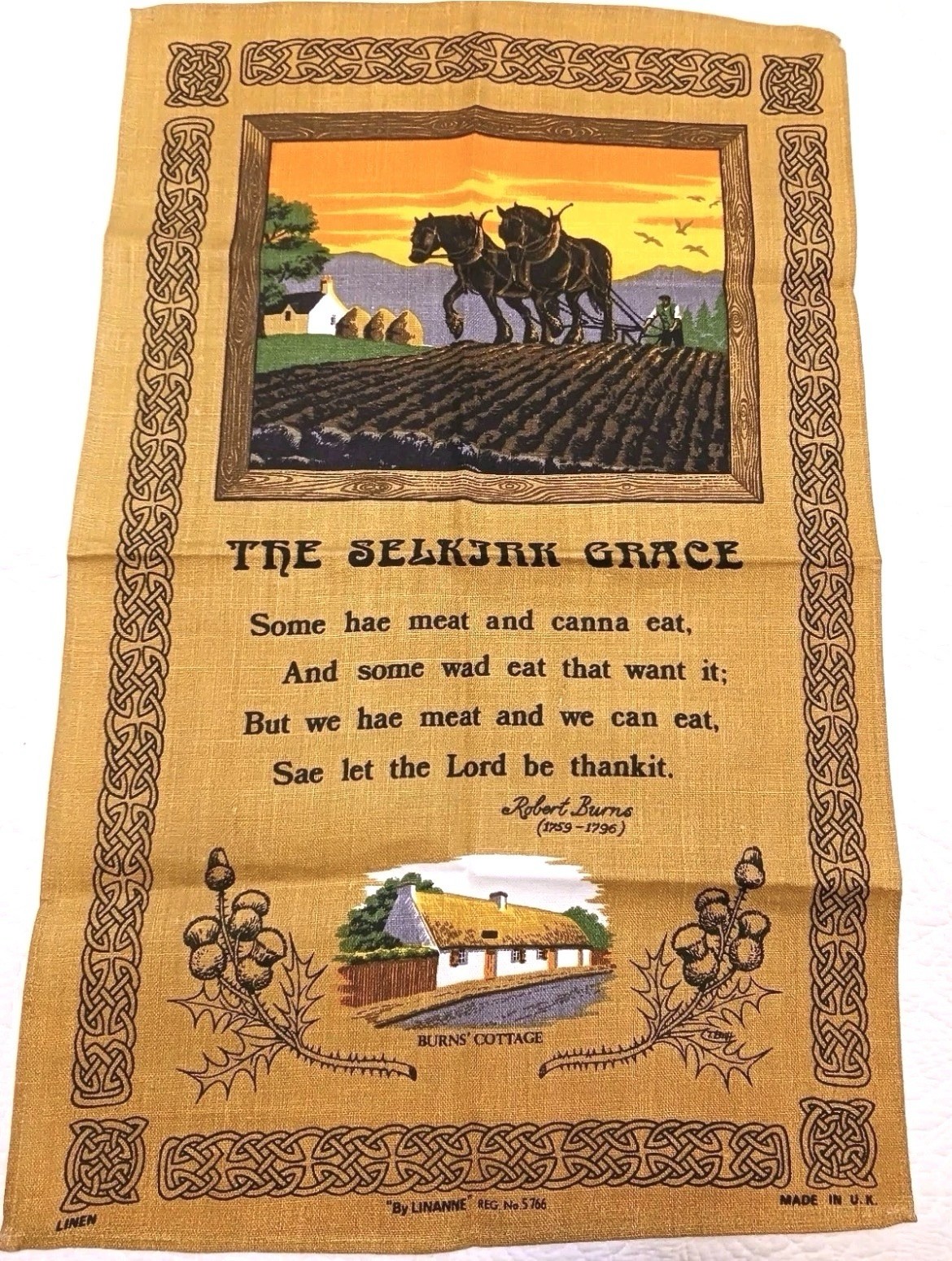 Robert Burns Cottage Grace Linen Tea Towel Hanging Scotland Prayer Meal 18x28 Robert Burns Cottage Grace Linen Tea Towel Hanging Scotland Prayer Meal 18x28