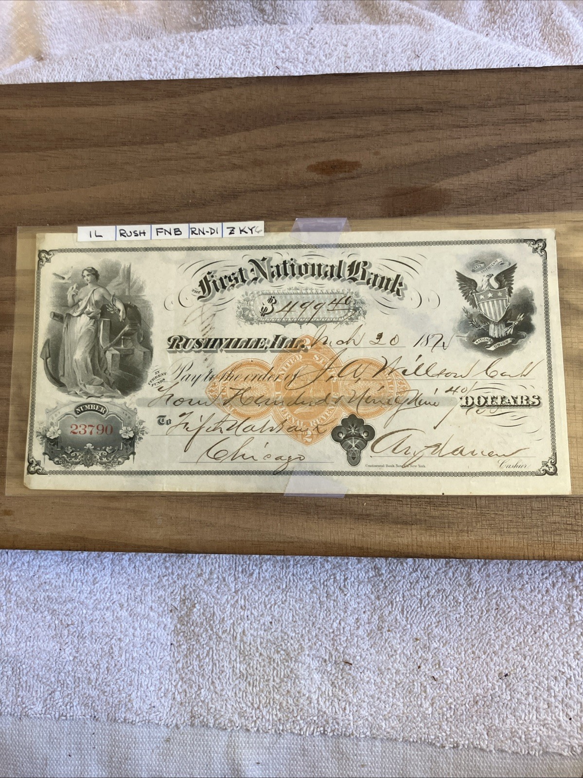 Obsolete First National Bank Rushville Illinois Bank Note Check 1872 Obsolete First National Bank Rushville Illinois Bank Note Check 1872