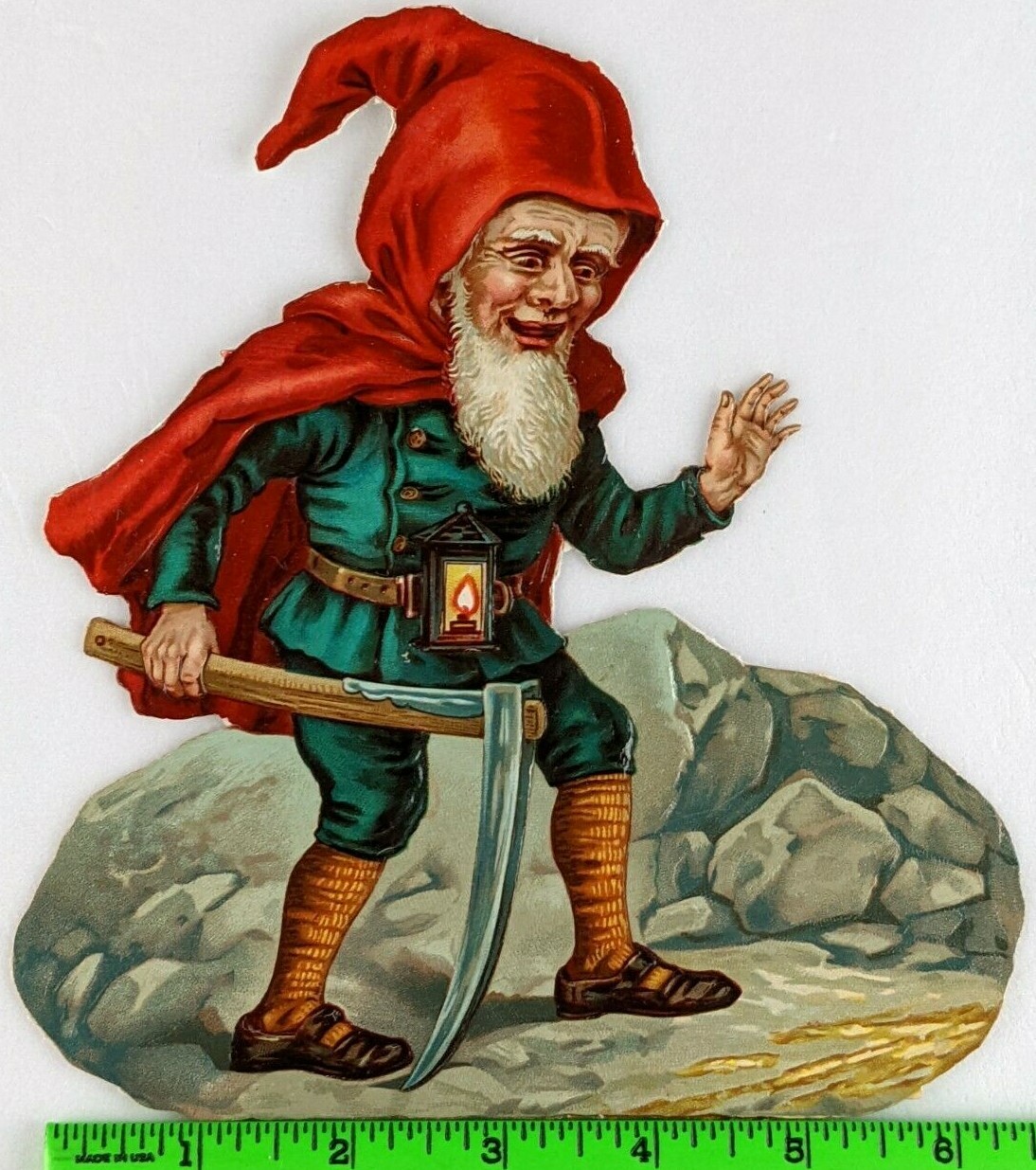 Vintage 1880s Gnome Mining for Gold Lantern Cloak Scythe Die Cut Victorian Card Vintage 1880s Gnome Mining for Gold Lantern Cloak Scythe Die Cut Victorian Card