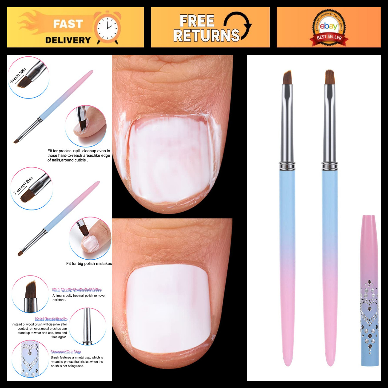 2Pcs Nail Clean Up Brushes, Nail Brushes for Cleaning Polish Mistakes