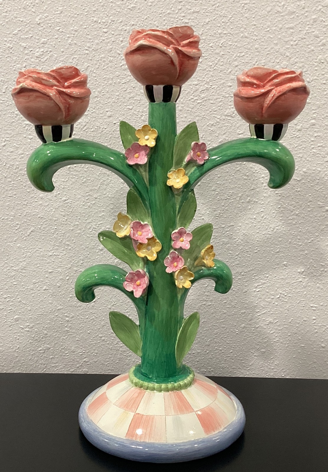 Mackenzie Childs Rosy Meadow 13.25" x 9" x 6" Candelabra Rosy Check Resin New
