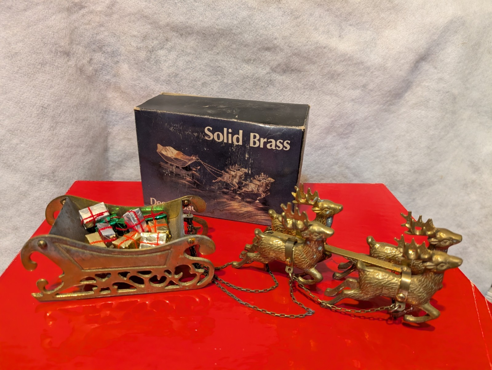 VTG Lg Brass Reindeer Flying Sleigh With Christmas Gifts Centerpiece 12" - 16" 