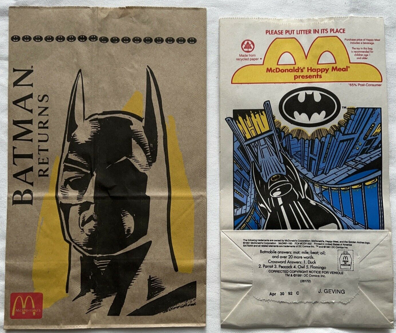 Complete Set of 2 DIFFERENT Batman/McDonald’s Happy Meal Bags - BRAND NEW