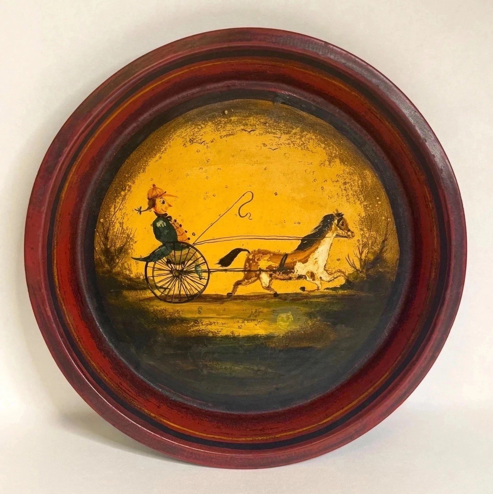Vintage 1930s PETER OMPIR Signed Folk Art Hand Painted Tin Tray Horse & Driver Vintage 1930s PETER OMPIR Signed Folk Art Hand Painted Tin Tray Horse & Driver