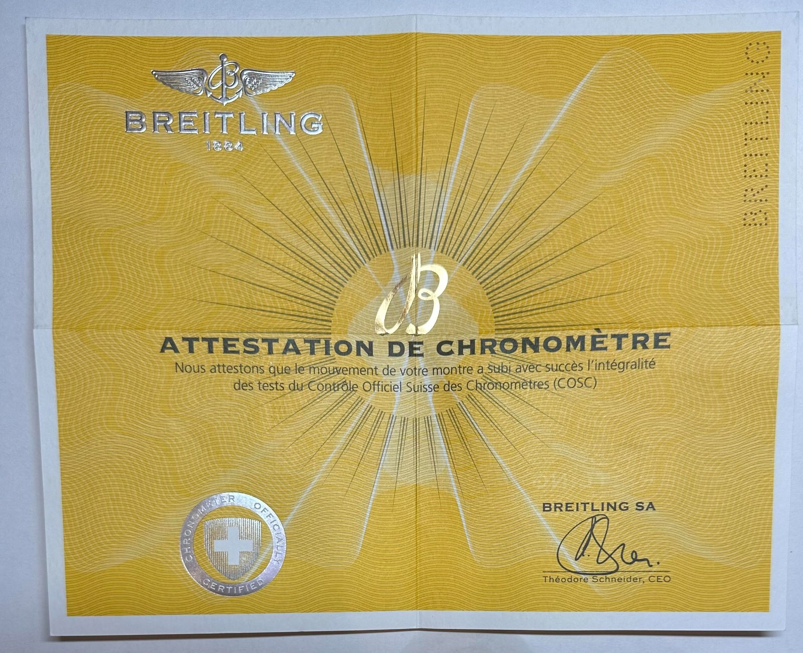 Real Breitling COSC Attestation de Chronomètre Chronometer Blank Certificate Real Breitling COSC Attestation de Chronomètre Chronometer Blank Certificate