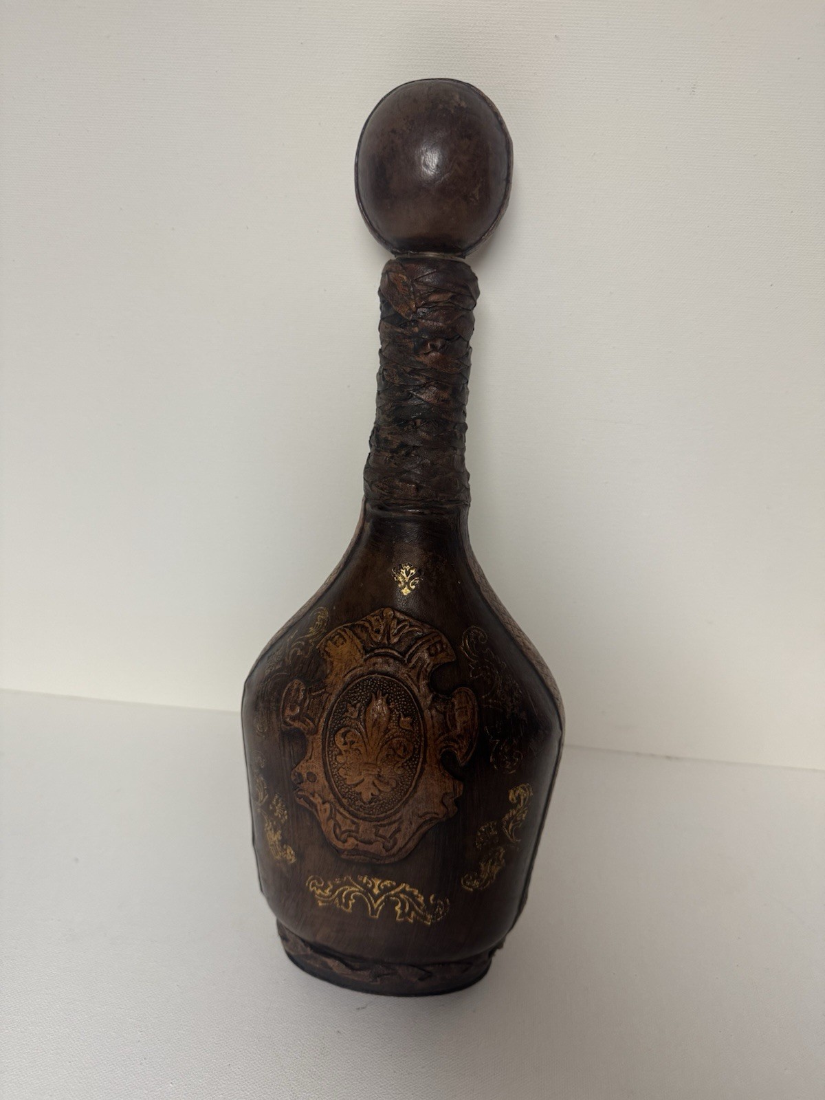 Vintage Italian Leather Wrapped Glass Decanter Fleur de Lis Made in Italy 13”