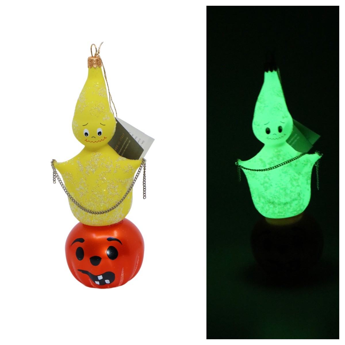 De Carlini Glow in the Dark GHOST ON PUMPKIN Halloween Ornament