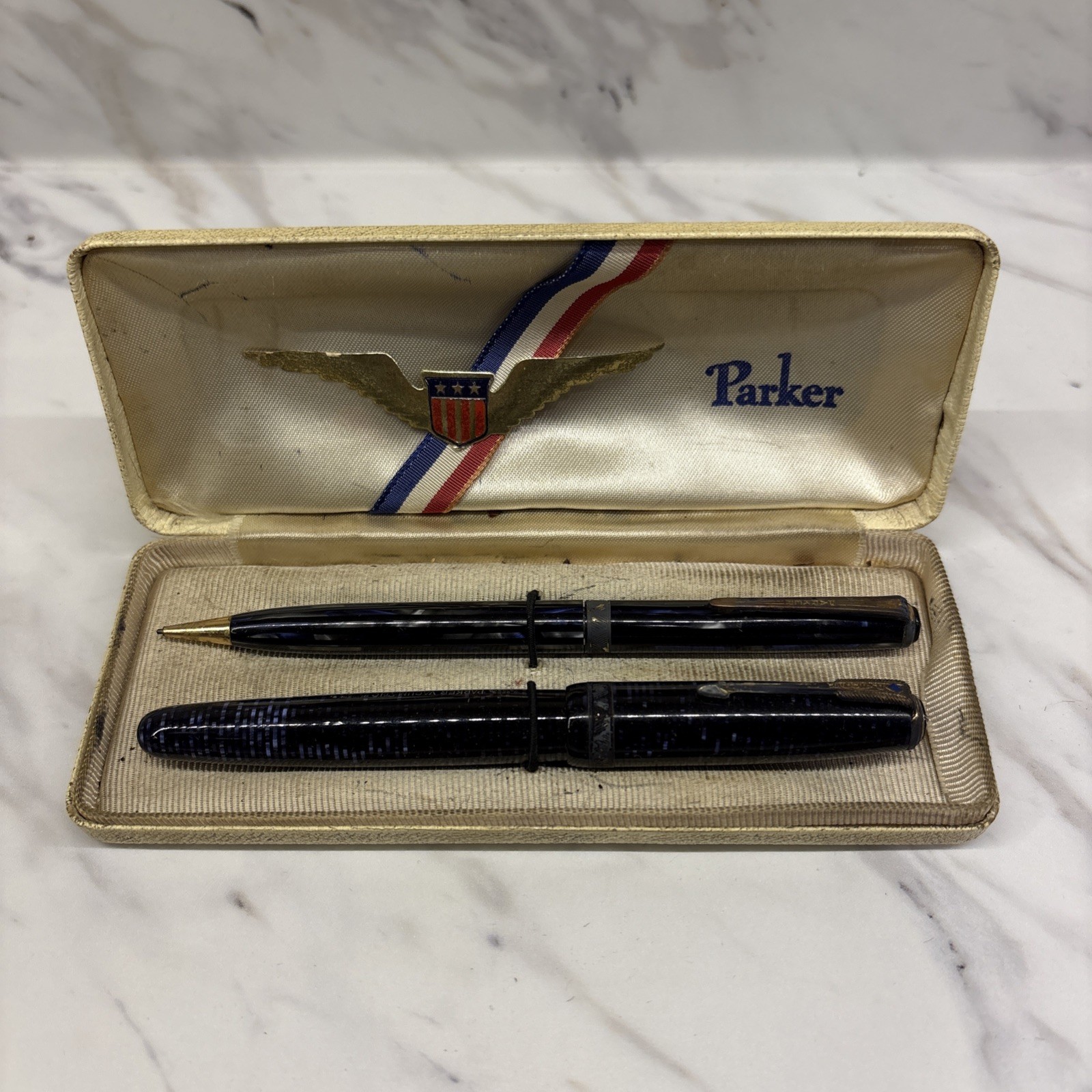 Vintage Parker Fountain Pen & Led Pen Combo Original Case Navy Swirl
