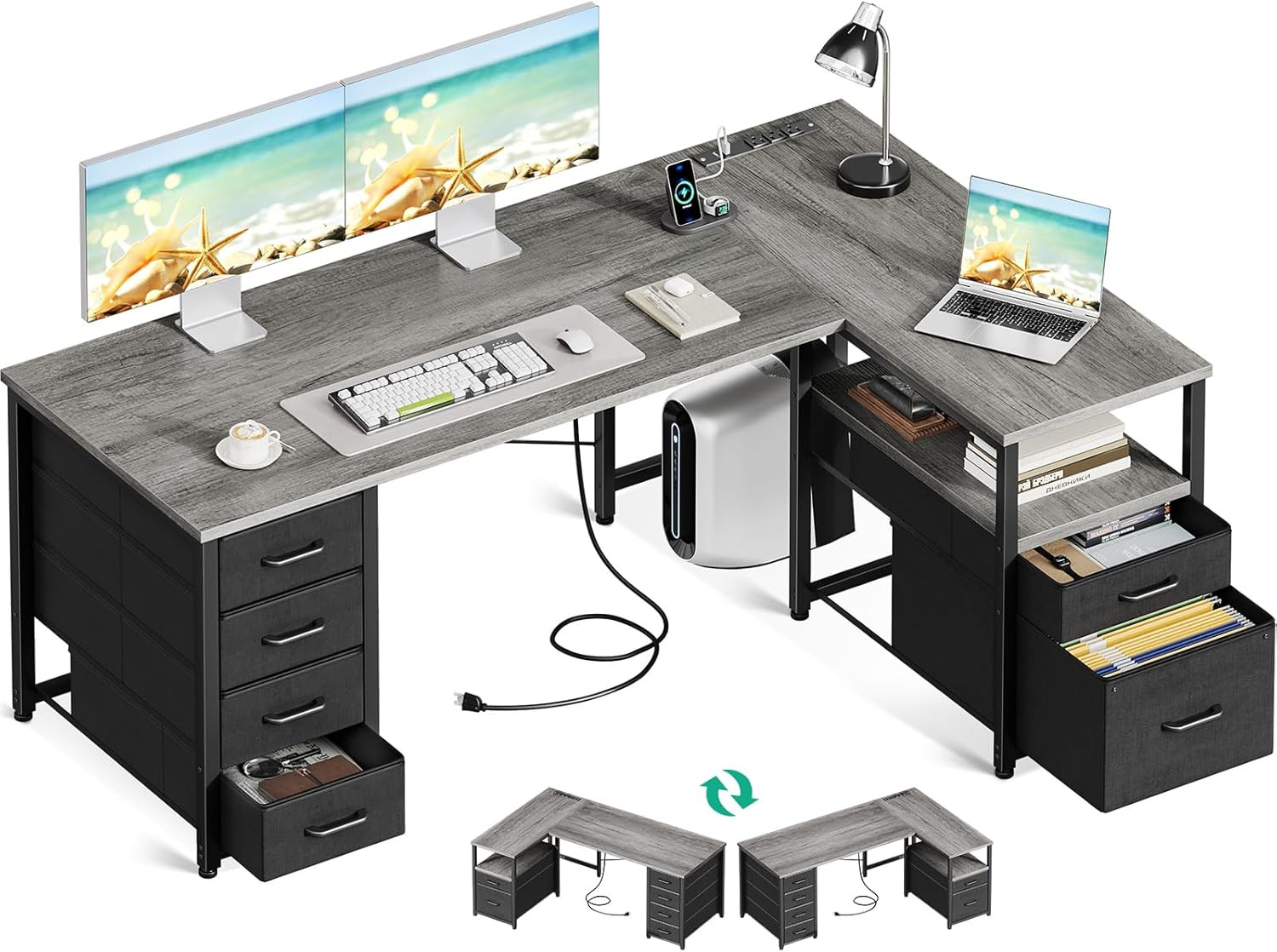 55 Inch L Shaped Office Desk with 6 Drawers, Power Outlet, Grey | 5 Fabric Drawe