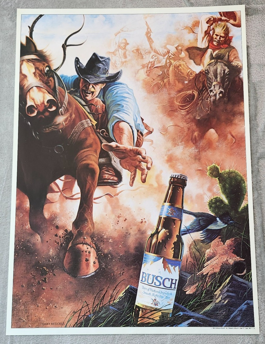 Vintage 1984 Busch Beer Poster Gary Ruddell Western Cowboy Print 19" X 27" Vintage 1984 Busch Beer Poster Gary Ruddell Western Cowboy Print 19" X 27"