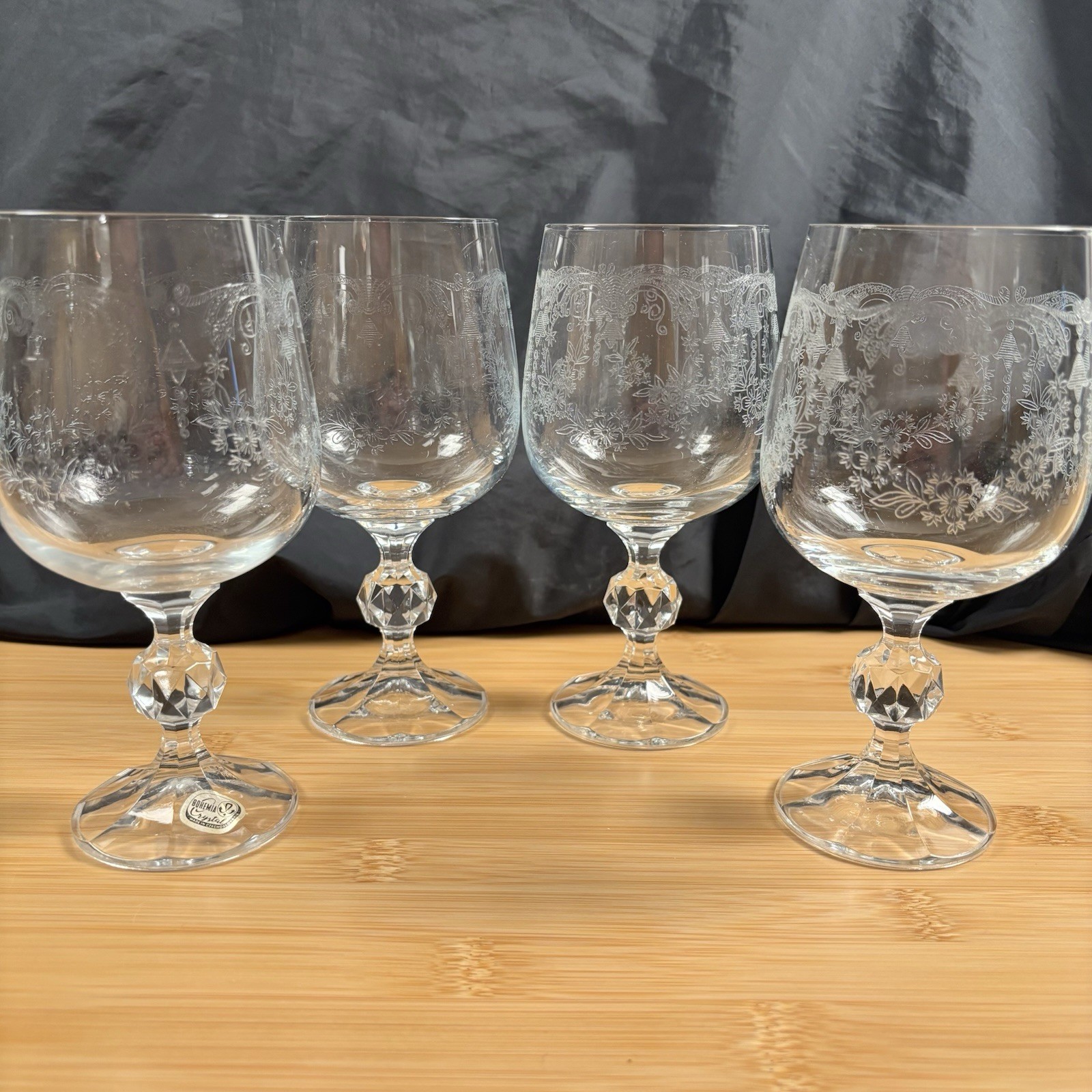 4 Vintage Bohemia Crystal Etched Cascade Wine Glass Goblets Ball Stem 6.5" 4 Vintage Bohemia Crystal Etched Cascade Wine Glass Goblets Ball Stem 6.5"