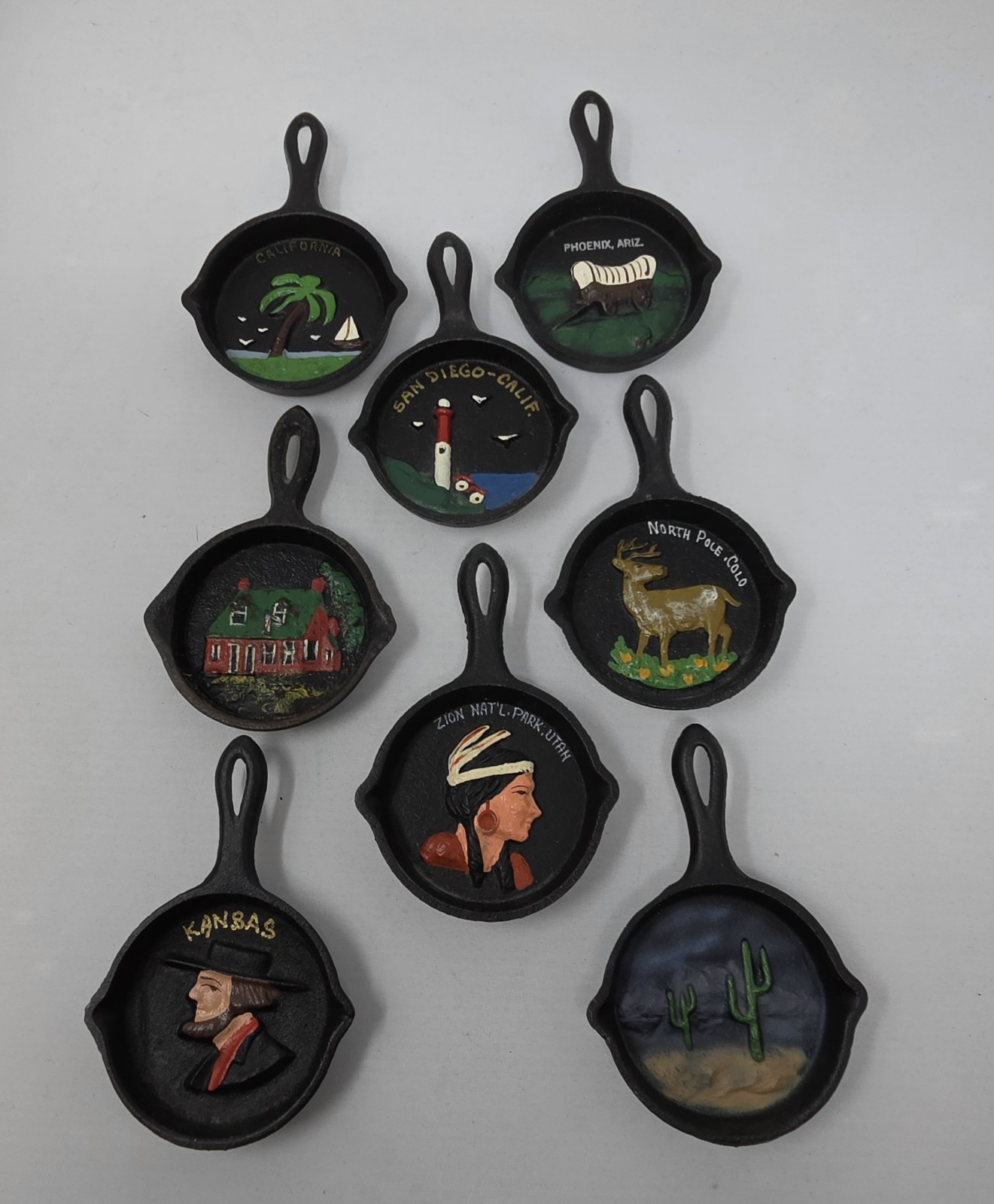 8 Vintage Miniature Souvenir CAST IRON Skillets 