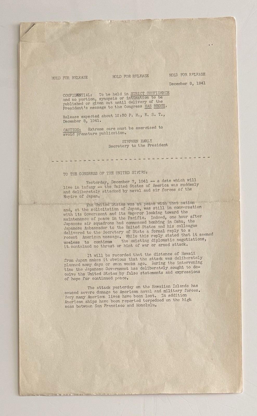 1941 FDR “Day of Infamy” Speech – ORIGINAL Press Release Copy