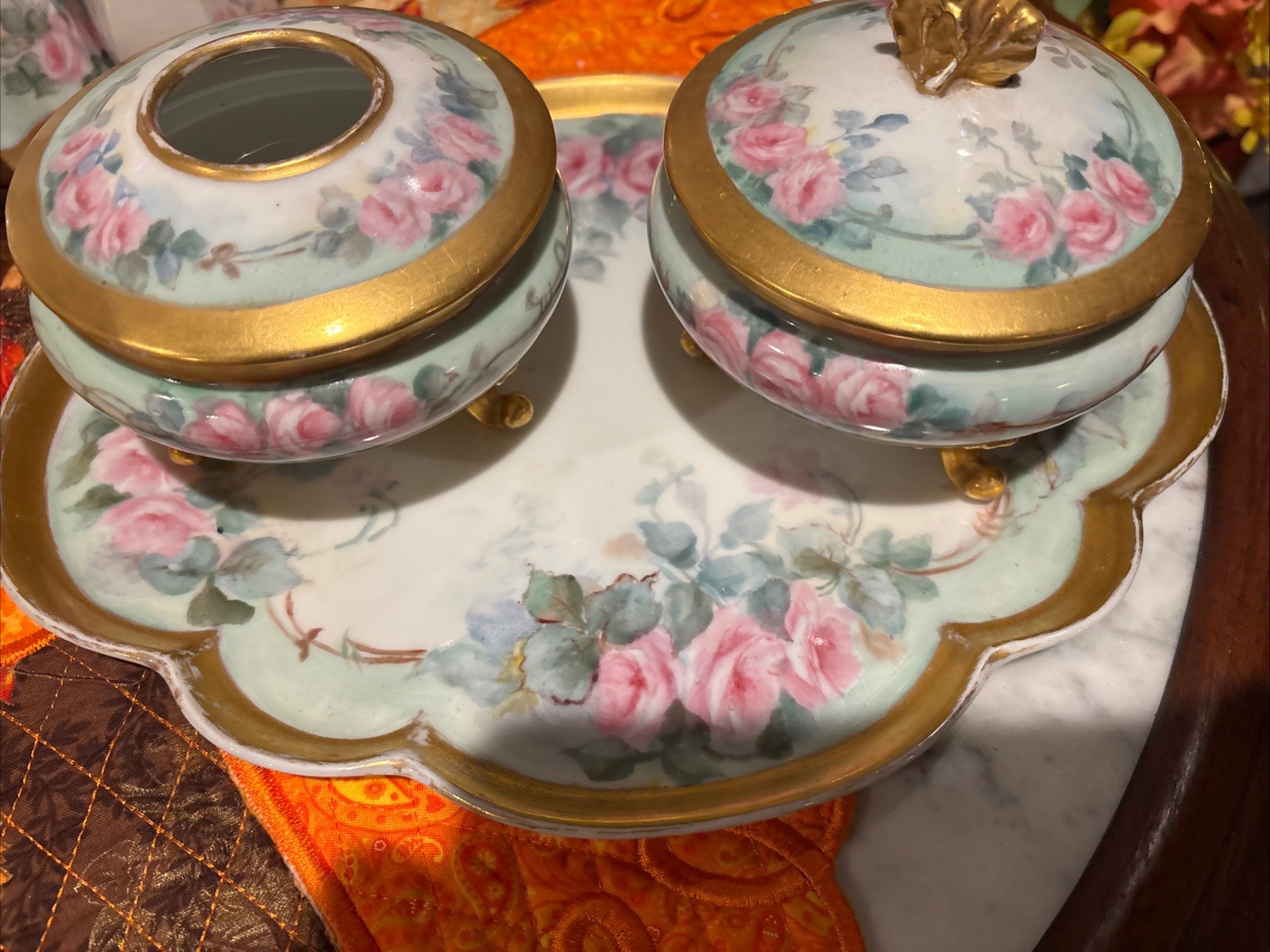 Antique French Hand Painted Limoges 5 Pc Vanity Dresser Set Roses. ArtistSigned Antique French Hand Painted Limoges 5 Pc Vanity Dresser Set Roses. ArtistSigned
