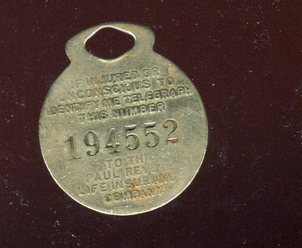 THE PAUL REVERE LIFE INSURANCE CO WORECHESTER MA FOB ID/TAG THE PAUL REVERE LIFE INSURANCE CO WORECHESTER MA FOB ID/TAG