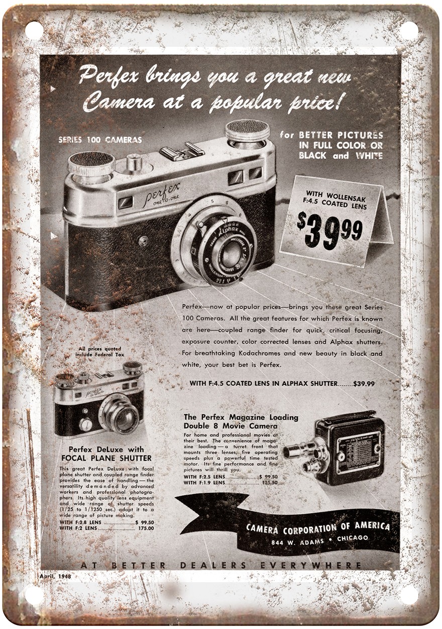 1948 Perfex Vintage Film Camera Advertisement Retro Look Metal Sign C1549 1948 Perfex Vintage Film Camera Advertisement Retro Look Metal Sign C1549