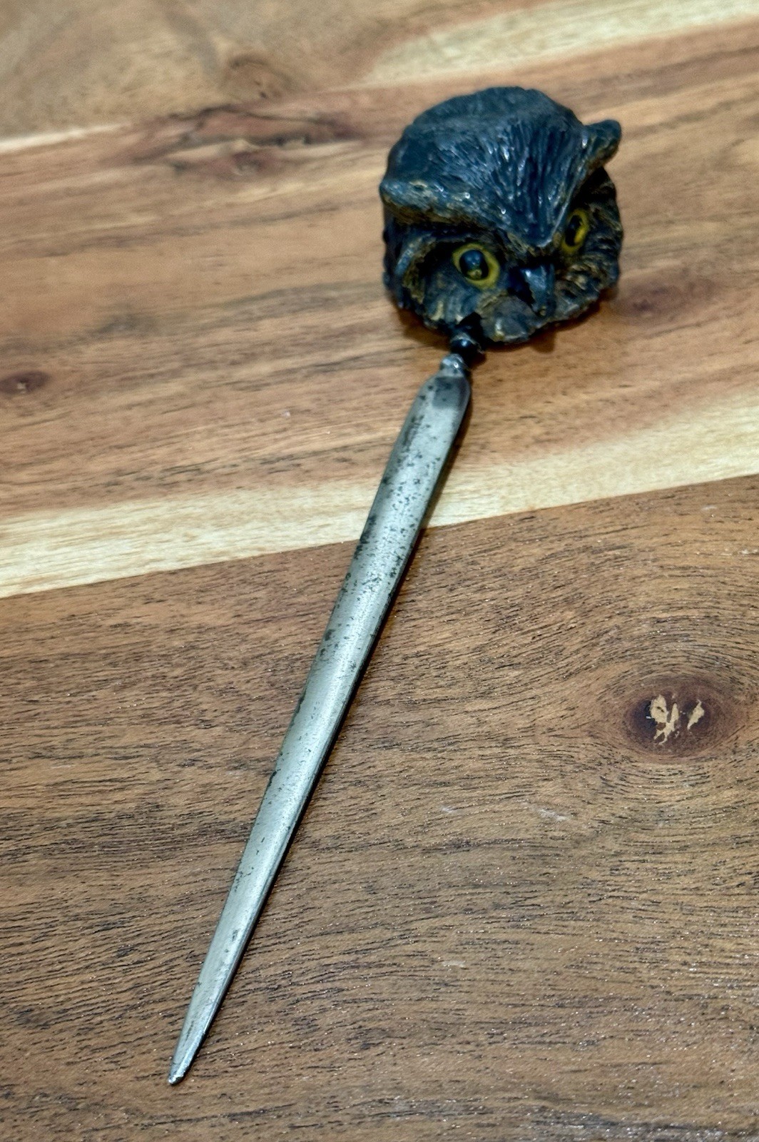 Antique Victorian Spelter Figural Owl Letter Opener Glass Eyes Art Nouveau 7'' Antique Victorian Spelter Figural Owl Letter Opener Glass Eyes Art Nouveau 7''