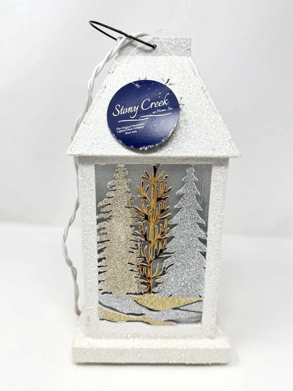 Stony Creek Glitter White Frosted Winter Wonderland Holiday Lighted Lantern 10”