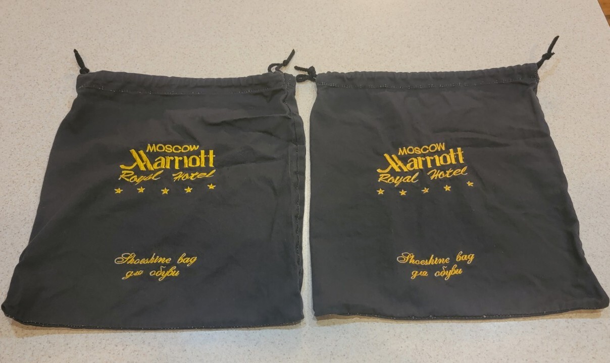 Vintage pair of  Moscow Marriott Royal Hotel Shoeshine Bag - 13.75 x 12.5 inches