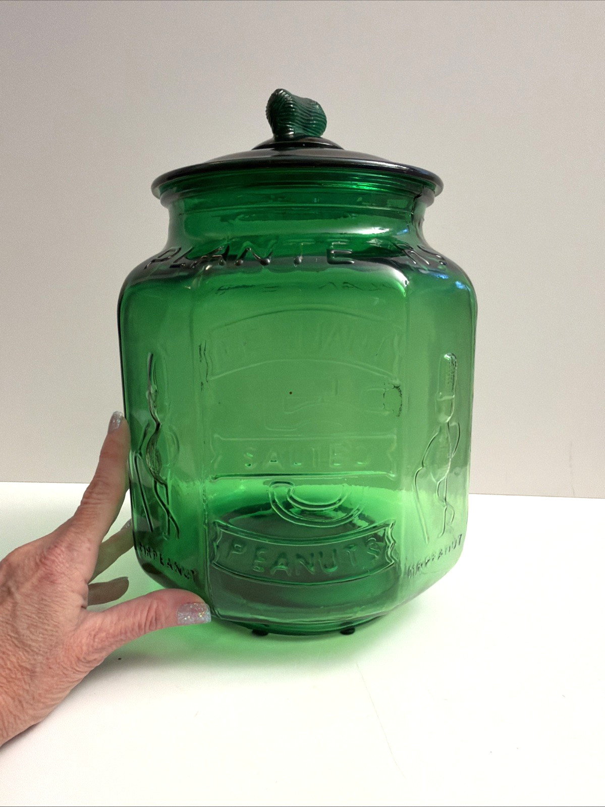 Vtg 1980s Planters Mr Peanut Green Glass Counter Jar w/ Lid Beautiful Vtg 1980s Planters Mr Peanut Green Glass Counter Jar w/ Lid Beautiful