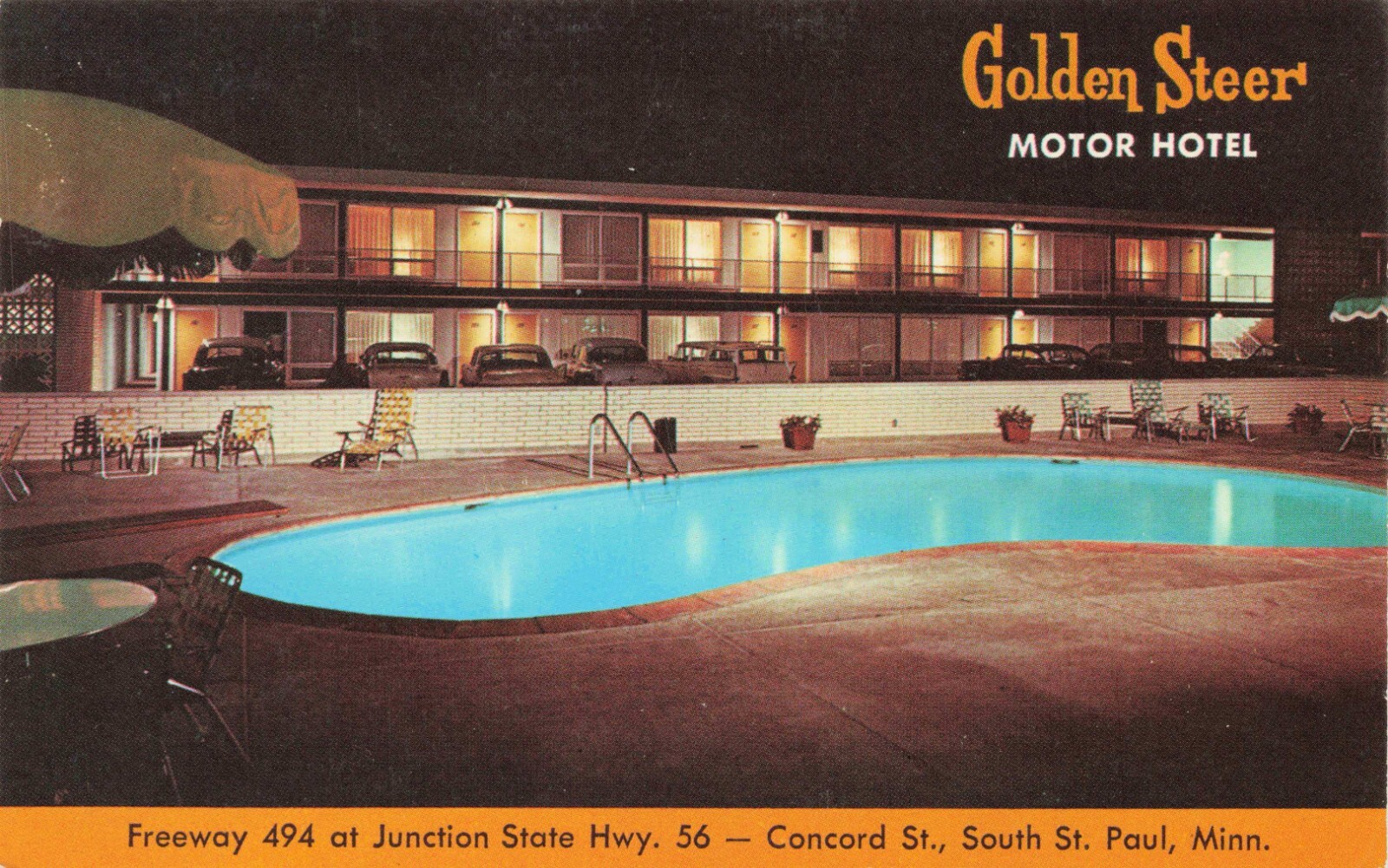 Postcard Golden Steer Motor Hotel South St. Paul Minnesota Pool Night Steak Cars Postcard Golden Steer Motor Hotel South St. Paul Minnesota Pool Night Steak Cars