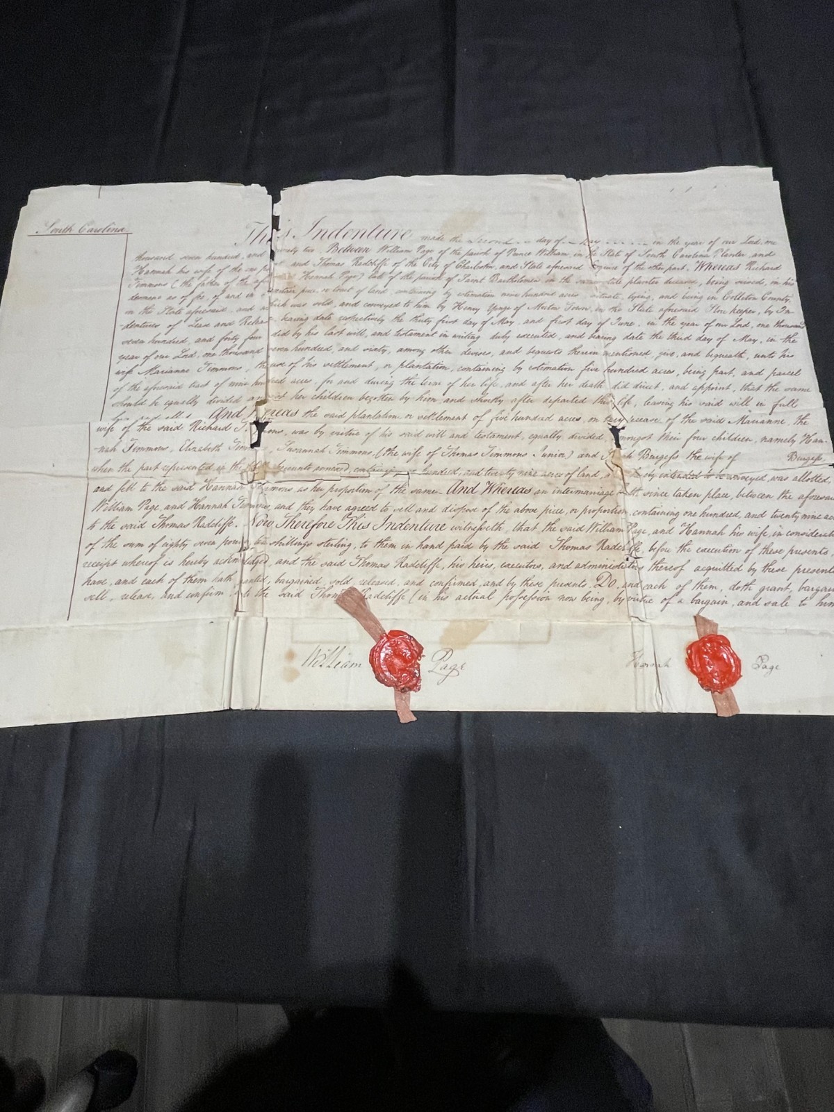 1792 Colonial South Carolina Indenture with Plat– Thomas Radcliffe William Page