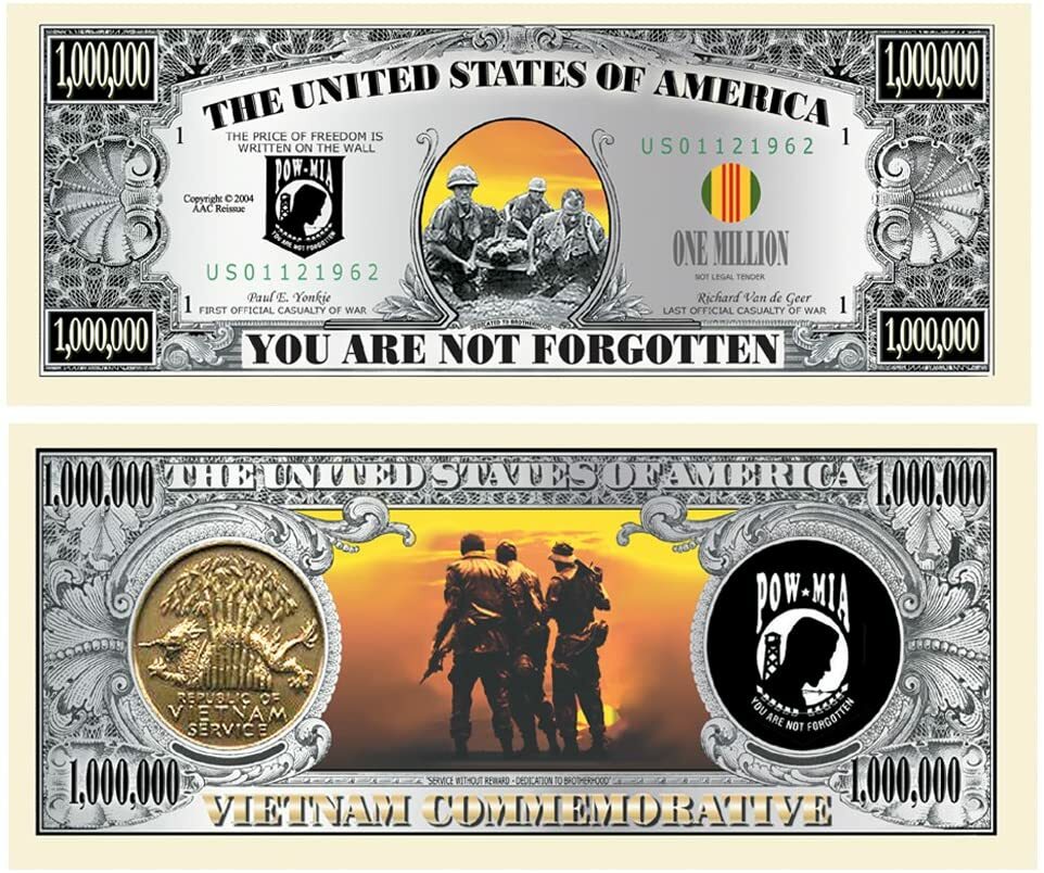 Pack of 10 POW MIA Vietnam Veterans Collectible 1 Million Dollar Bills